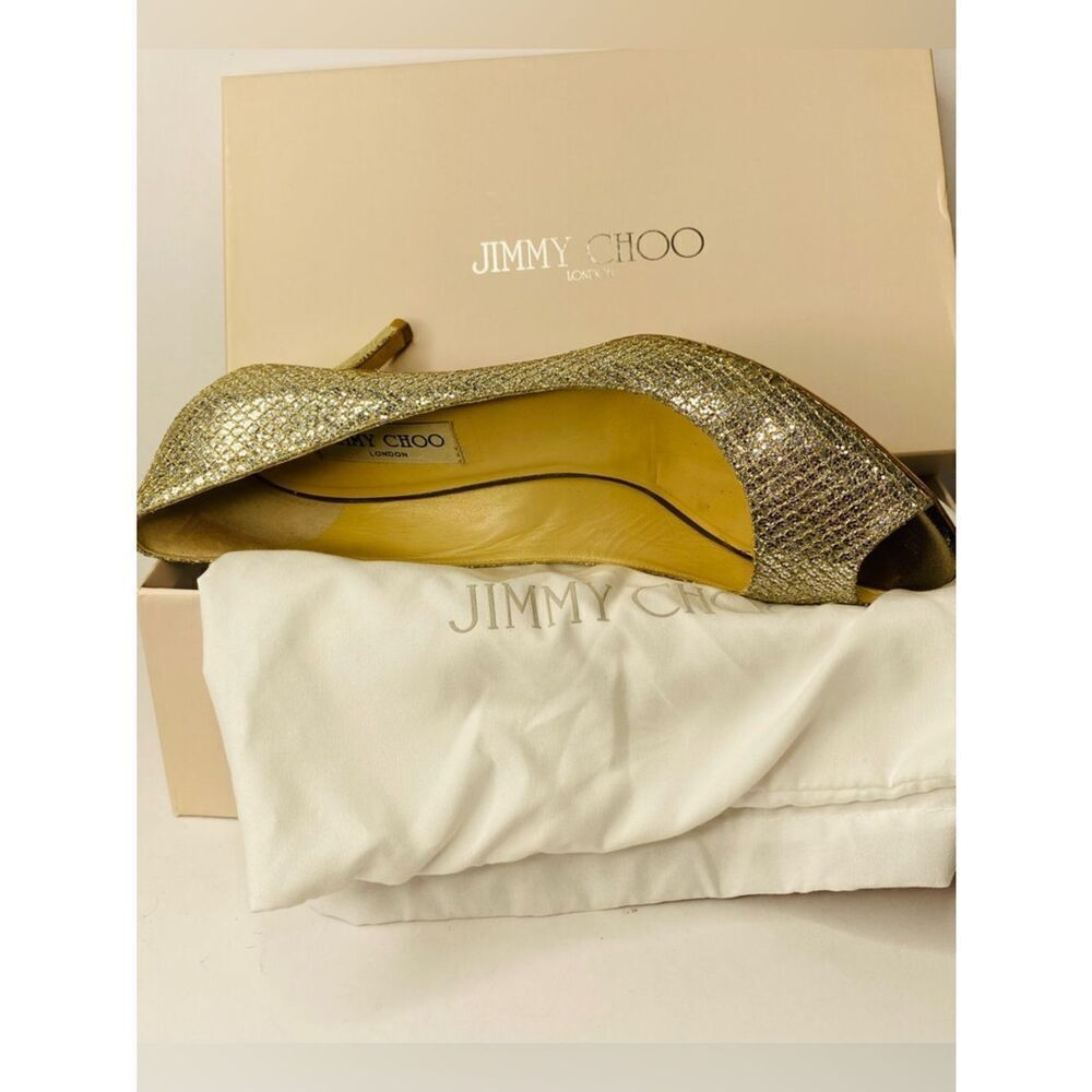 Jimmy Choo “Isabel” Metallic Champagne Peep-Toe Pumps. Authentic. 2.5 inch heels